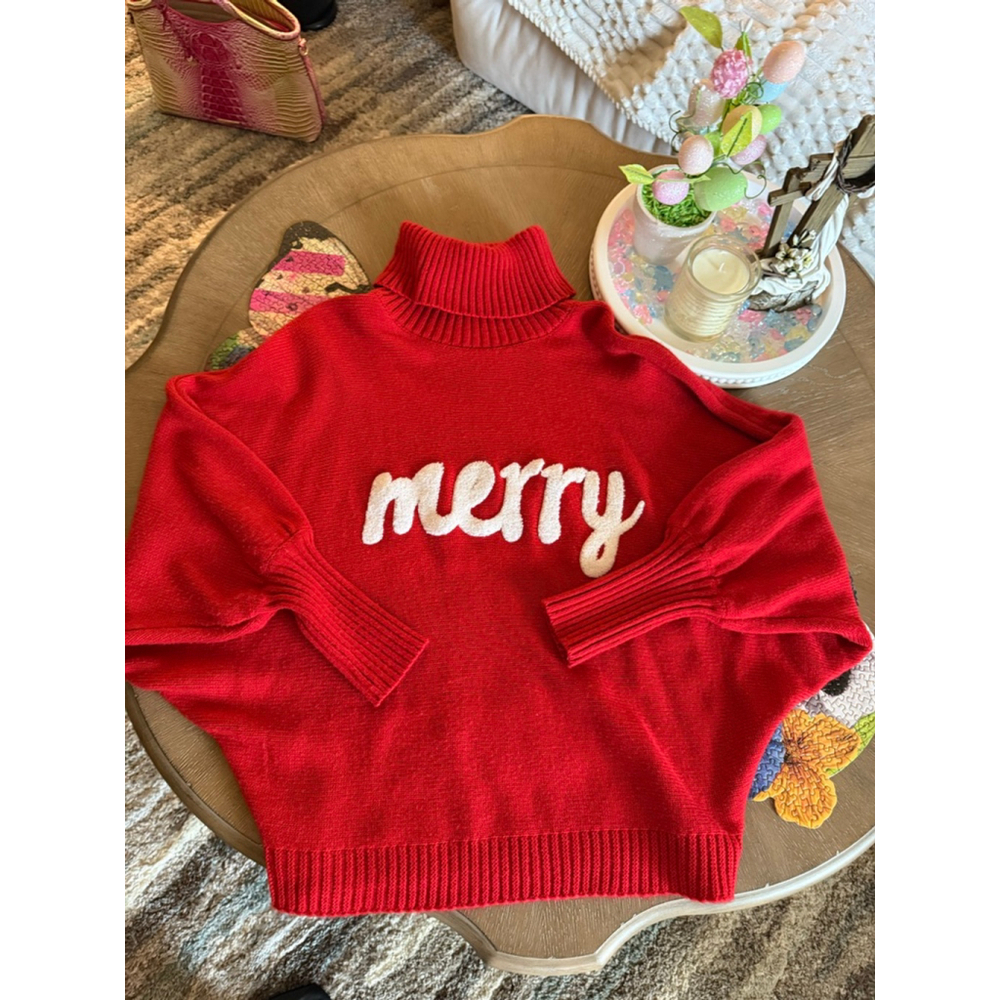 Unbranded Red and White Merry Turtleneck Sweater Small